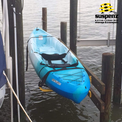 One FLAT Rack and boat mounted to a wooden dock on a lake.