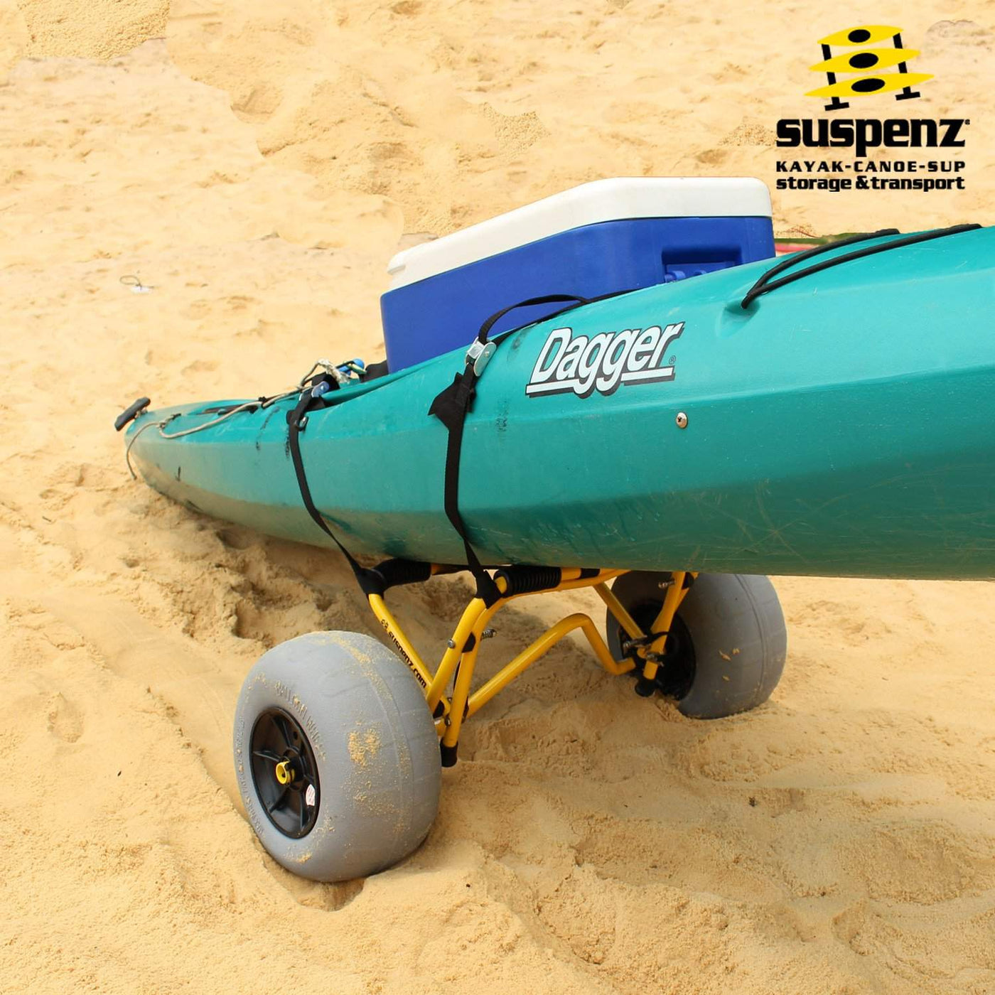 Kayak resting on the DLX Beach Cart